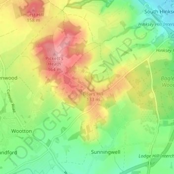 Mapa topográfico Boars Hill, altitude, relevo