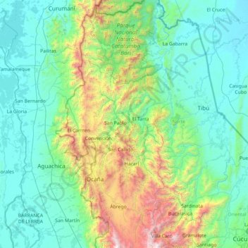 Mapa topográfico Teorama, altitude, relevo
