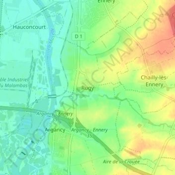 Mapa topográfico Rugy, altitude, relevo