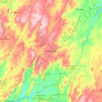Mapa topográfico Trancoso, altitude, relevo