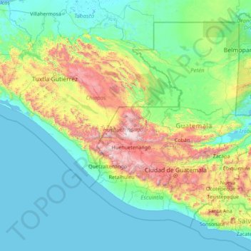 Mapa topográfico Huehuetenango, altitude, relevo