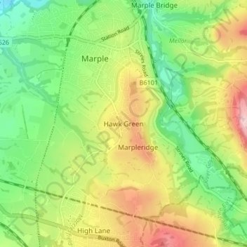 Mapa topográfico Hawk Green, altitude, relevo