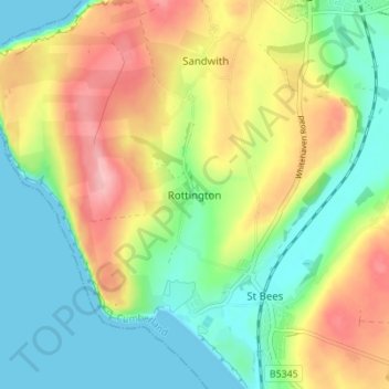 Mapa topográfico Rottington, altitude, relevo