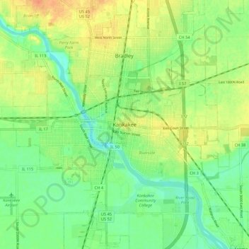 Mapa topográfico Kankakee, altitude, relevo