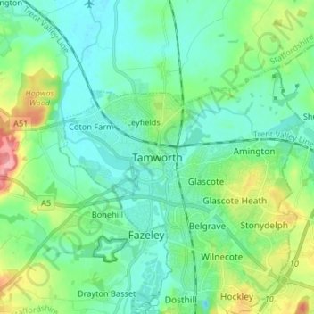 Mapa topográfico Tamworth, altitude, relevo