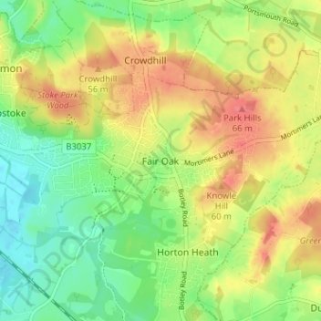 Mapa topográfico Fair Oak, altitude, relevo