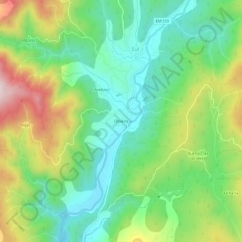 Mapa topográfico Oliveira, altitude, relevo
