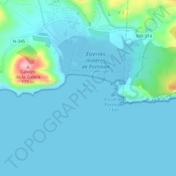 Mapa topográfico Bahía de Portmán, altitude, relevo