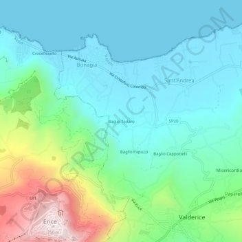 Mapa topográfico Baglio Todaro, altitude, relevo