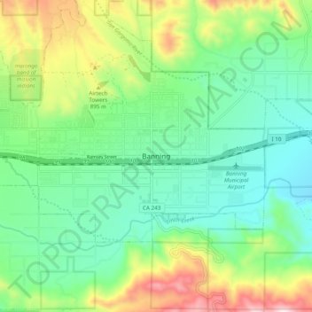 Mapa topográfico Banning, altitude, relevo