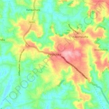 Mapa topográfico Vettichira, altitude, relevo