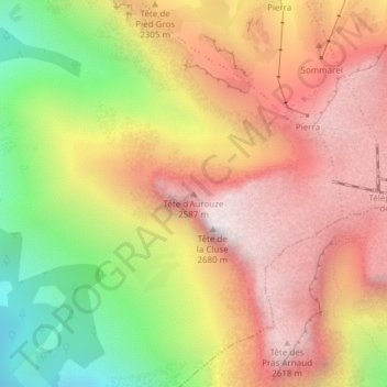 Mapa topográfico Tête d'Aurouze, altitude, relevo