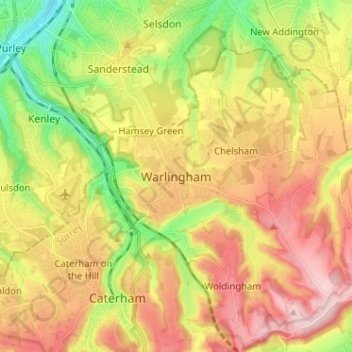 Mapa topográfico Warlingham, altitude, relevo
