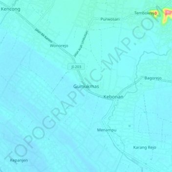 Mapa topográfico Gumukmas, altitude, relevo