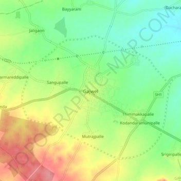 Mapa topográfico Gajwel, altitude, relevo