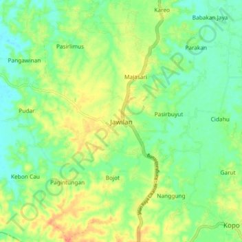 Mapa topográfico Jawilan, altitude, relevo