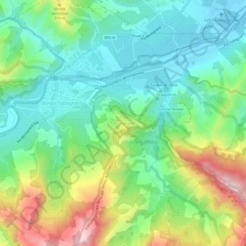 Mapa topográfico Tossignano, altitude, relevo