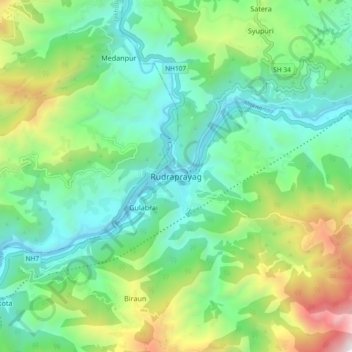 Mapa topográfico Rudraprayag, altitude, relevo