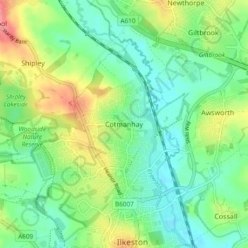 Mapa topográfico Cotmanhay, altitude, relevo