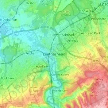 Mapa topográfico Leatherhead, altitude, relevo