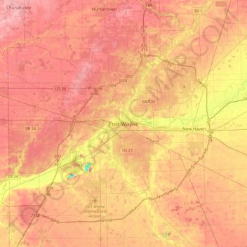 Mapa topográfico Fort Wayne, altitude, relevo
