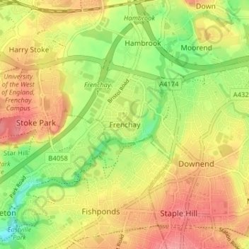 Mapa topográfico Frenchay, altitude, relevo