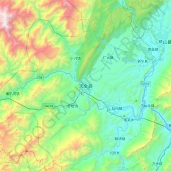 Mapa topográfico Tianquan, altitude, relevo