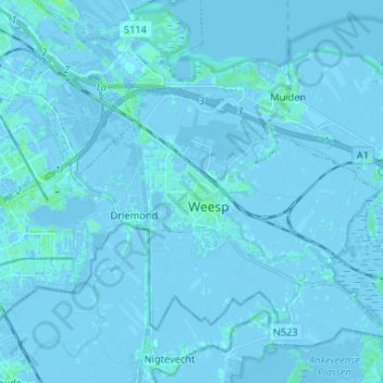 Mapa topográfico Weesp, altitude, relevo