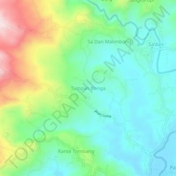 Mapa topográfico Tampan Bonga, altitude, relevo