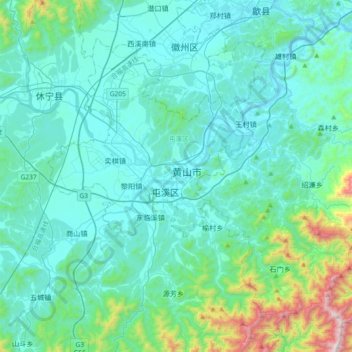 Mapa topográfico 黄山市, altitude, relevo