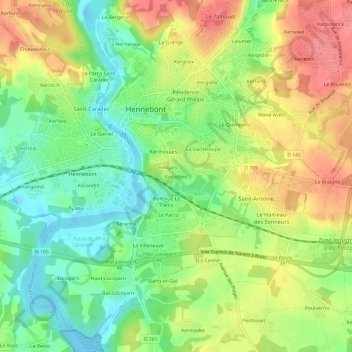 Mapa topográfico Kerorben, altitude, relevo