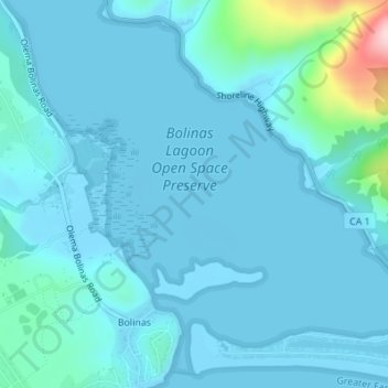 Mapa topográfico Bolinas Lagoon, altitude, relevo