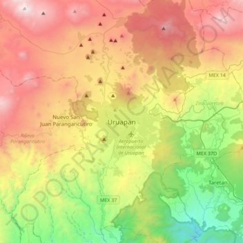 Mapa topográfico Uruapan, altitude, relevo