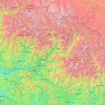 Mapa topográfico Chamoli, altitude, relevo