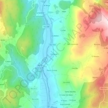 Mapa topográfico O Coedo, altitude, relevo