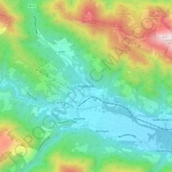 Mapa topográfico Kötschach, altitude, relevo