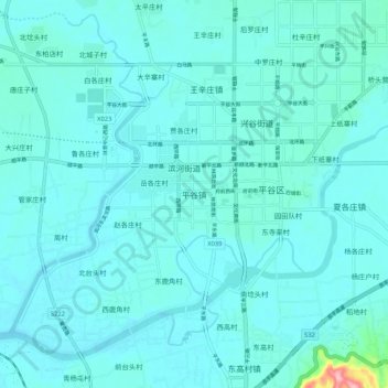 Mapa topográfico 平谷镇, altitude, relevo