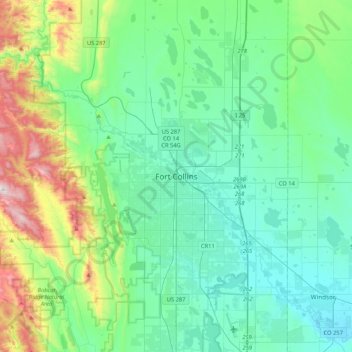 Mapa topográfico Fort Collins, altitude, relevo