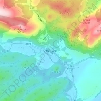 Mapa topográfico Aberfoyle, altitude, relevo