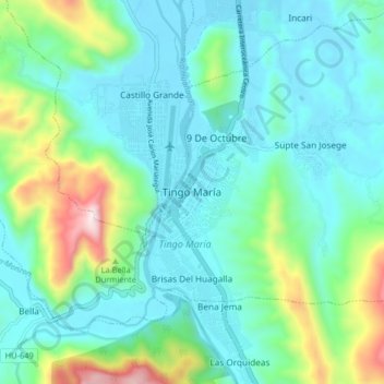 Mapa topográfico Tingo María, altitude, relevo