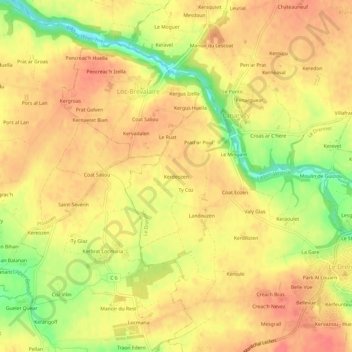 Mapa topográfico Kerdeozen, altitude, relevo