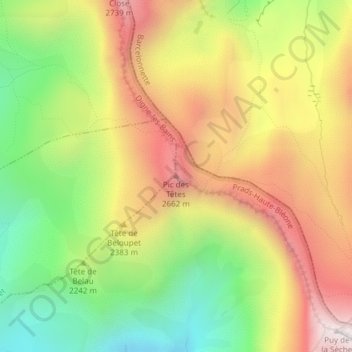 Mapa topográfico Pic des Têtes, altitude, relevo
