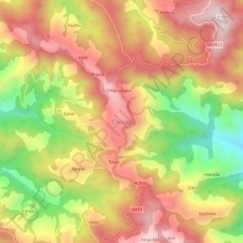 Mapa topográfico Churag, altitude, relevo