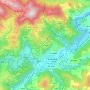 Mapa topográfico Peyronnet, altitude, relevo