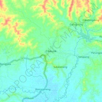 Mapa topográfico Cikeusik, altitude, relevo