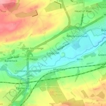 Mapa topográfico Longcroft, altitude, relevo