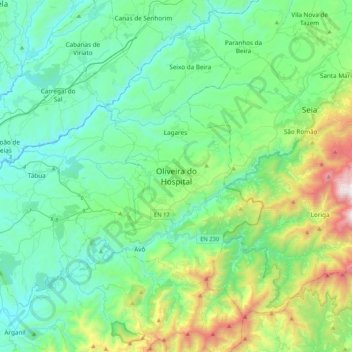Mapa topográfico Oliveira do Hospital, altitude, relevo