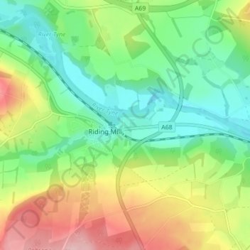 Mapa topográfico Broomhaugh, altitude, relevo