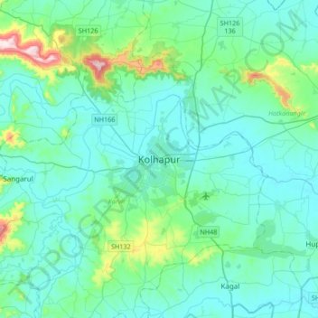 Mapa topográfico Kolhapur, altitude, relevo