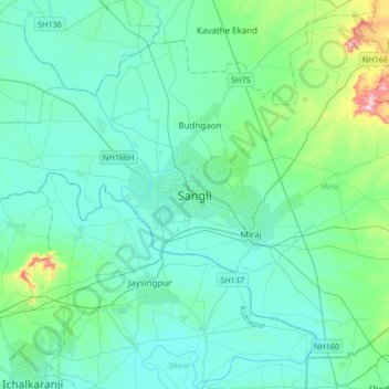 Mapa topográfico Sangli, altitude, relevo